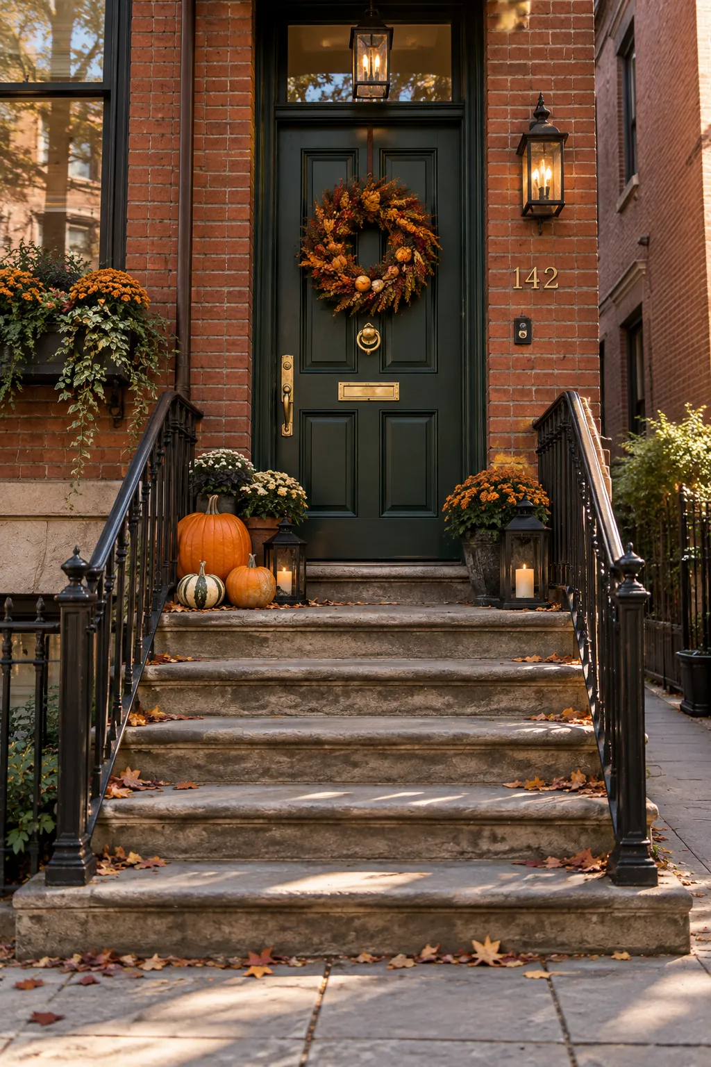 Halloween porch with no front lawn and a clear decorated entry