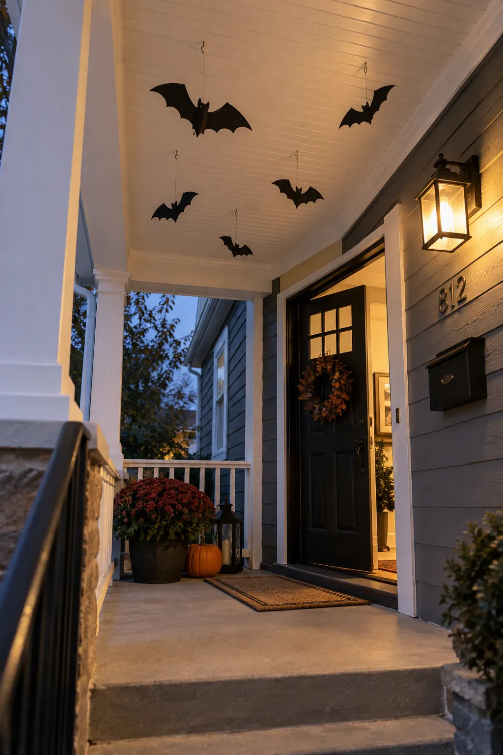 Use the porch ceiling for paper bats on a Halloween porch with no front lawn