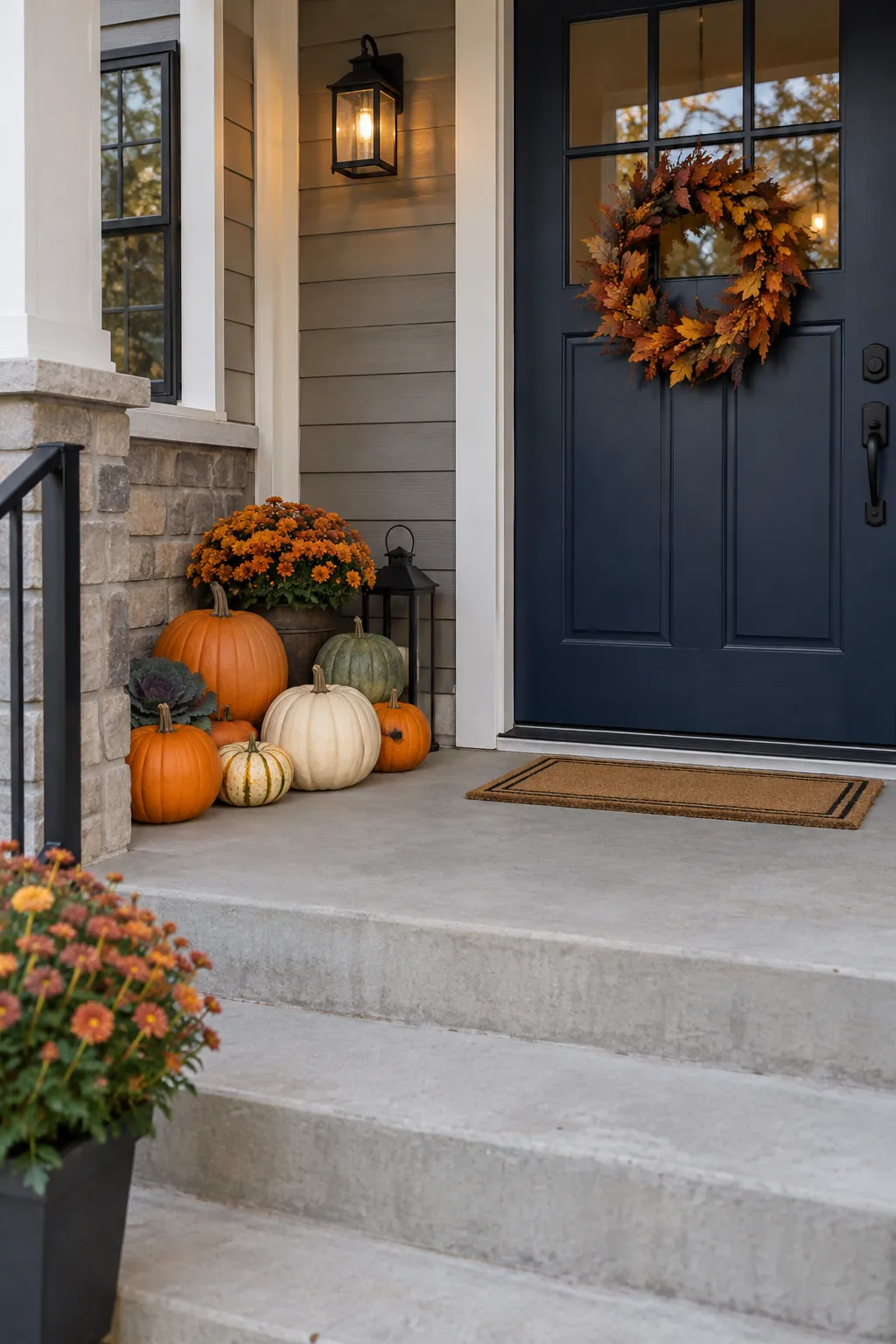 Build a single corner pumpkin cluster on a Halloween porch with no front lawn