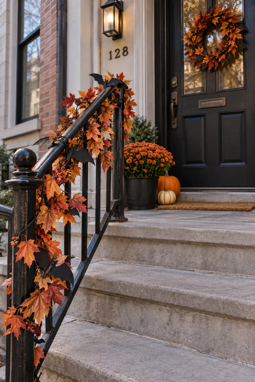 Wrap the railing with removable garland on a Halloween porch with no front lawn