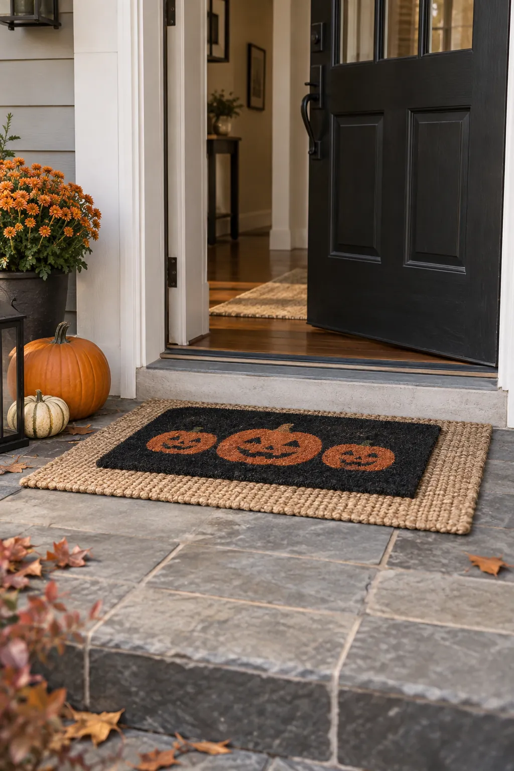 Layer two compact doormats on a Halloween porch with no front lawn