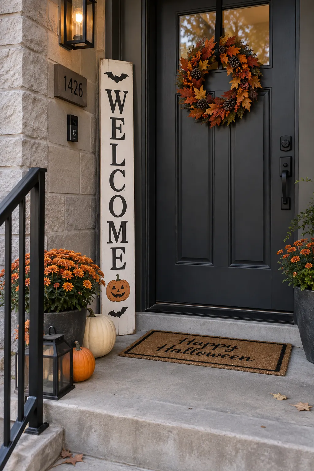 Place a tall sign beside the door on a Halloween porch with no front lawn