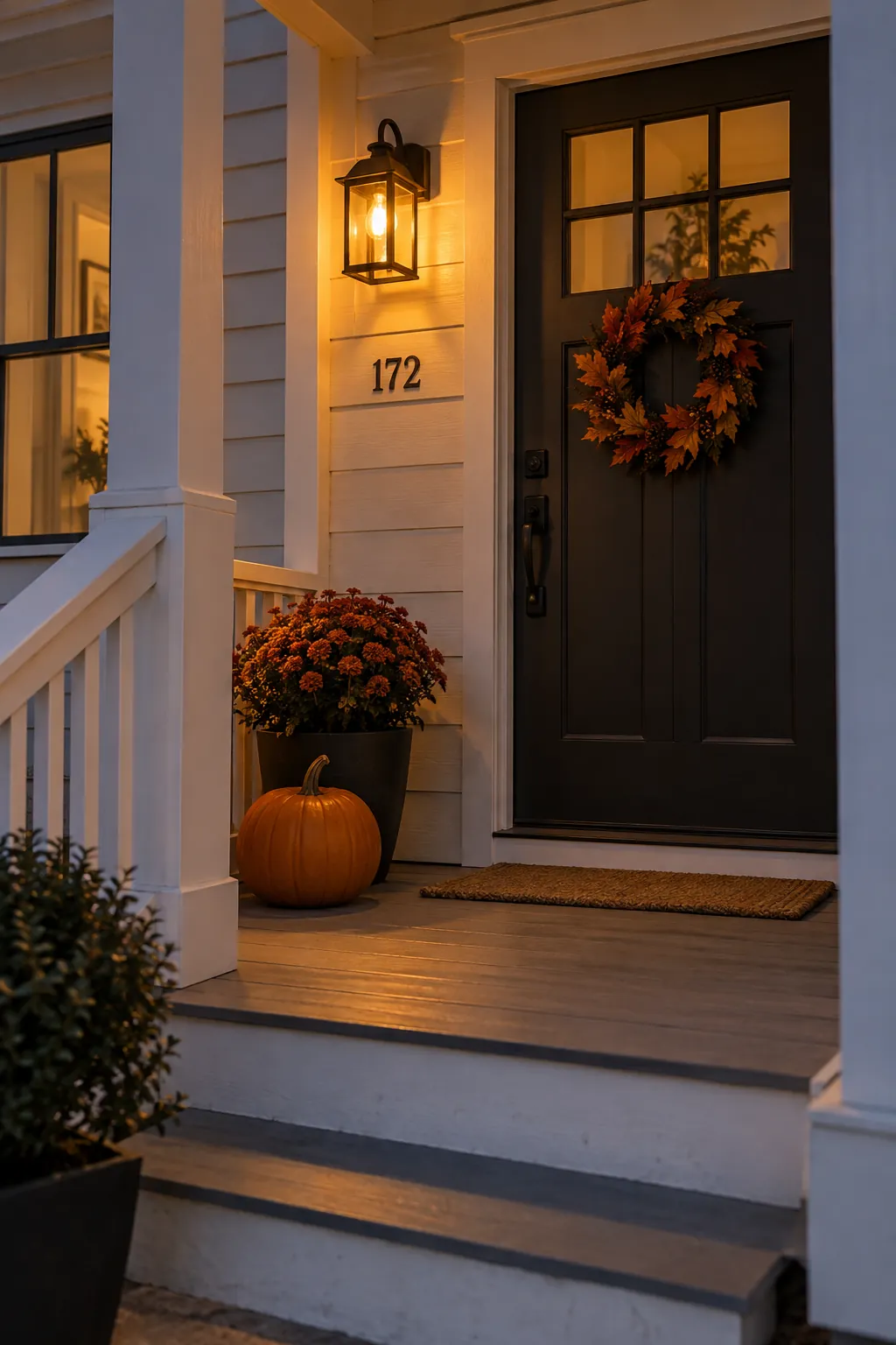 Give the porch light an amber glow on a Halloween porch with no front lawn