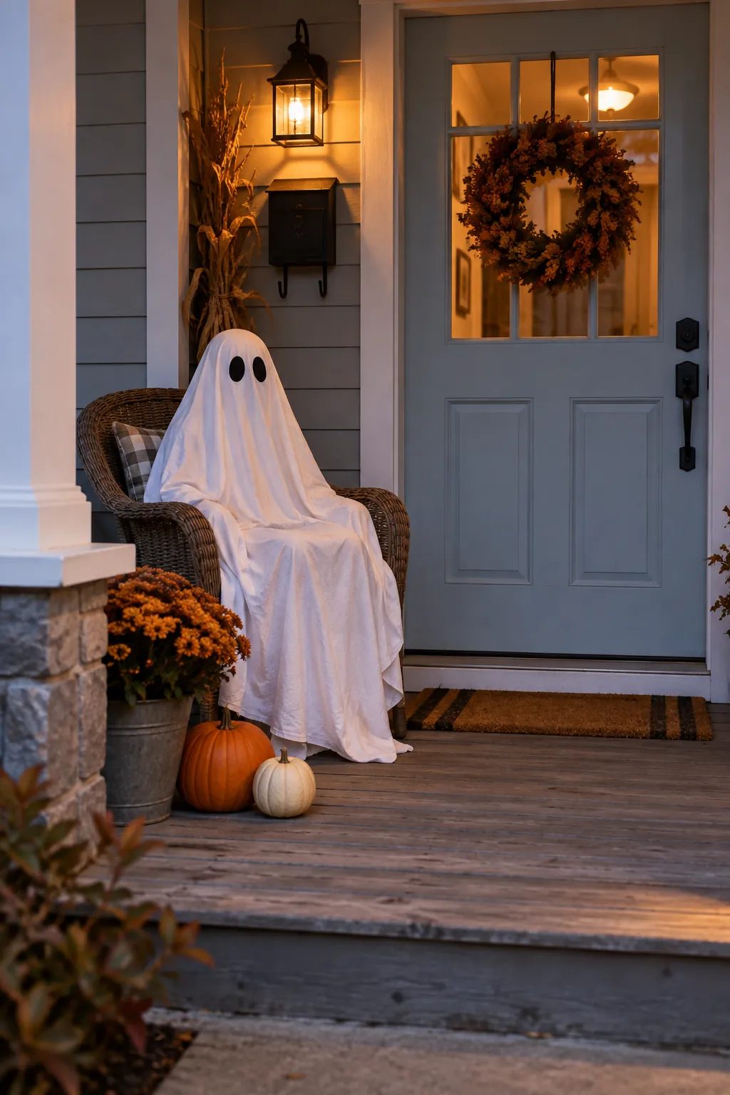 Put a ghost in an unused chair on a Halloween porch with no front lawn