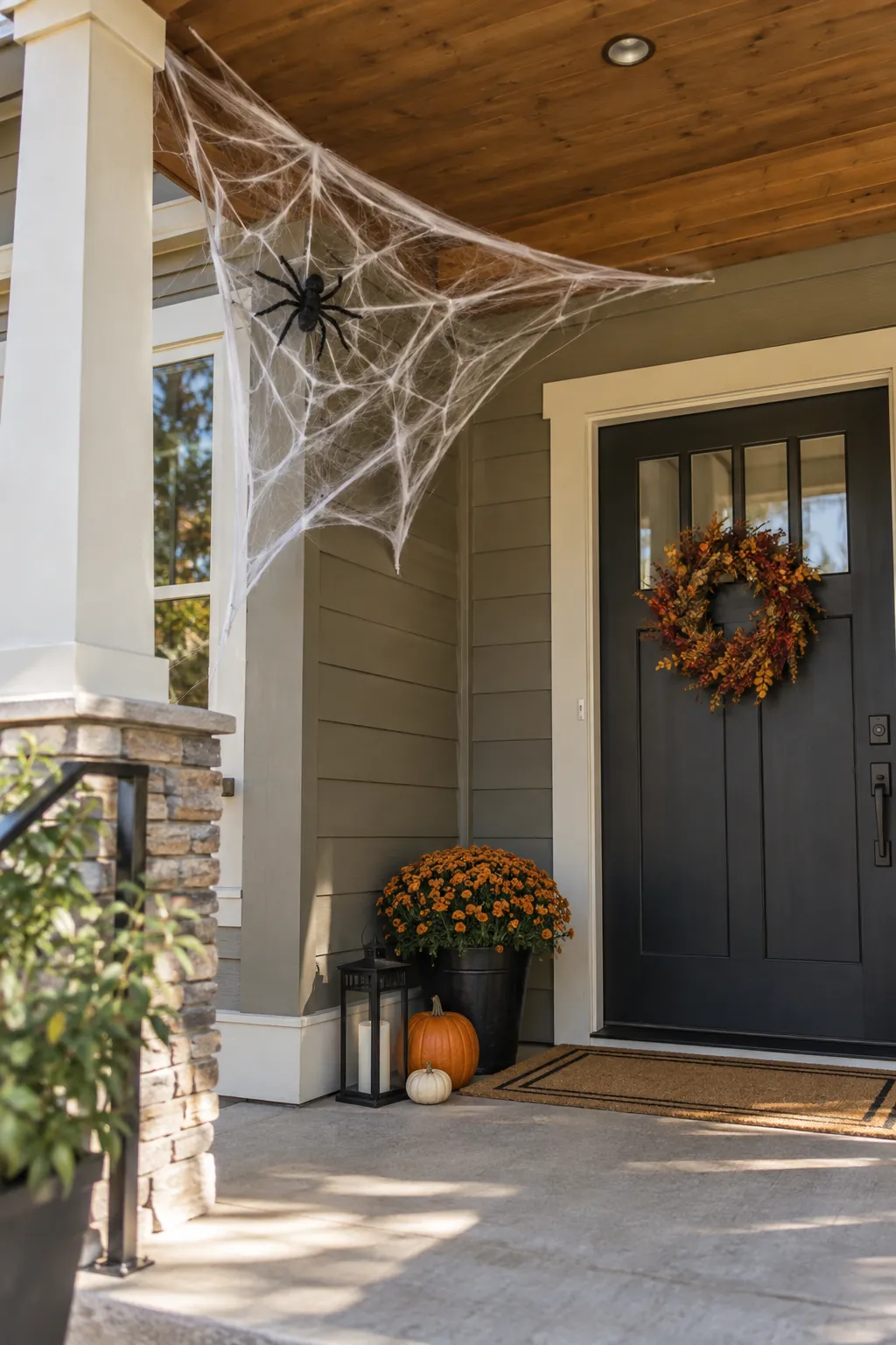 Hang one oversized spider web high on a Halloween porch with no front lawn