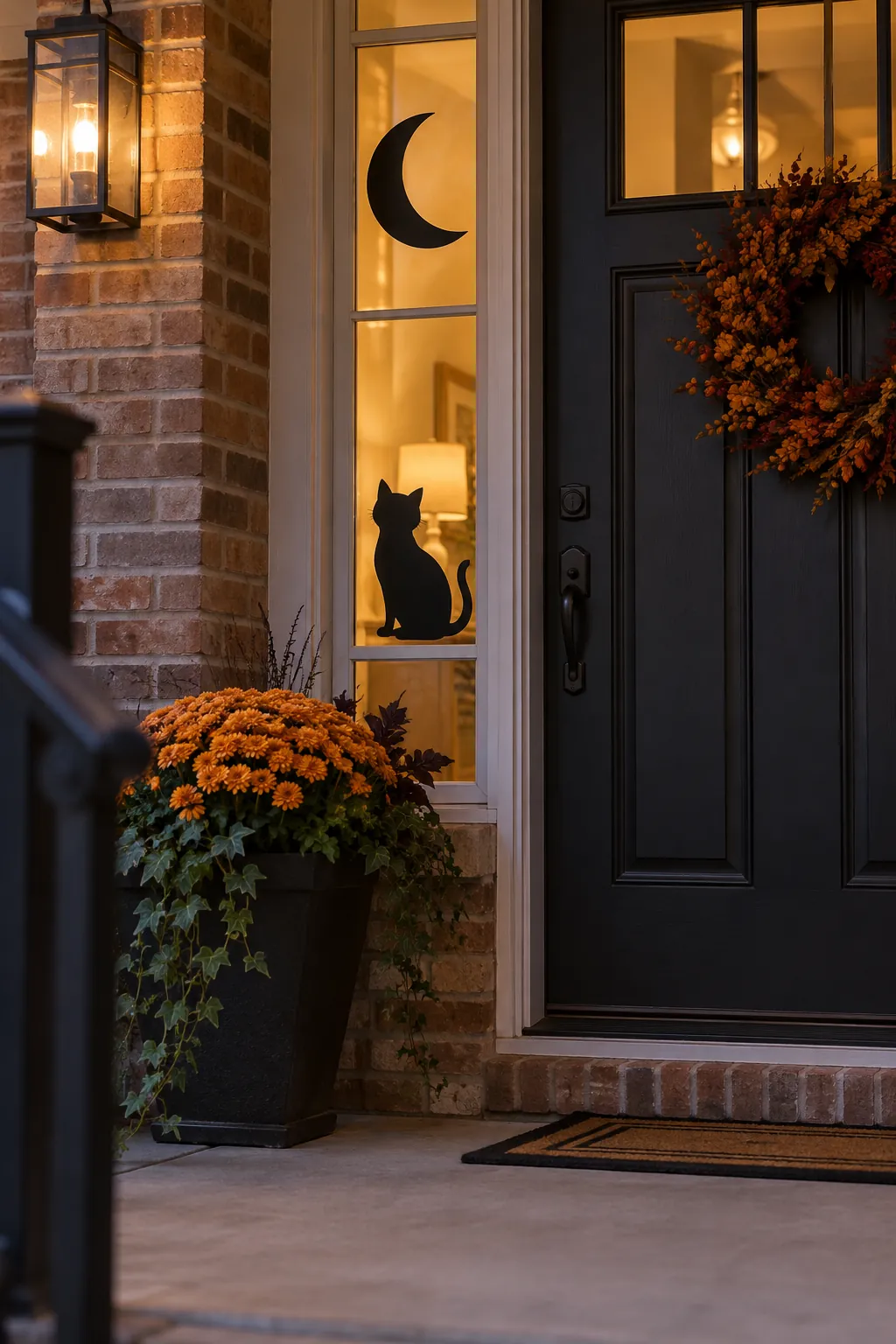 Use window silhouettes beside the entry on a Halloween porch with no front lawn