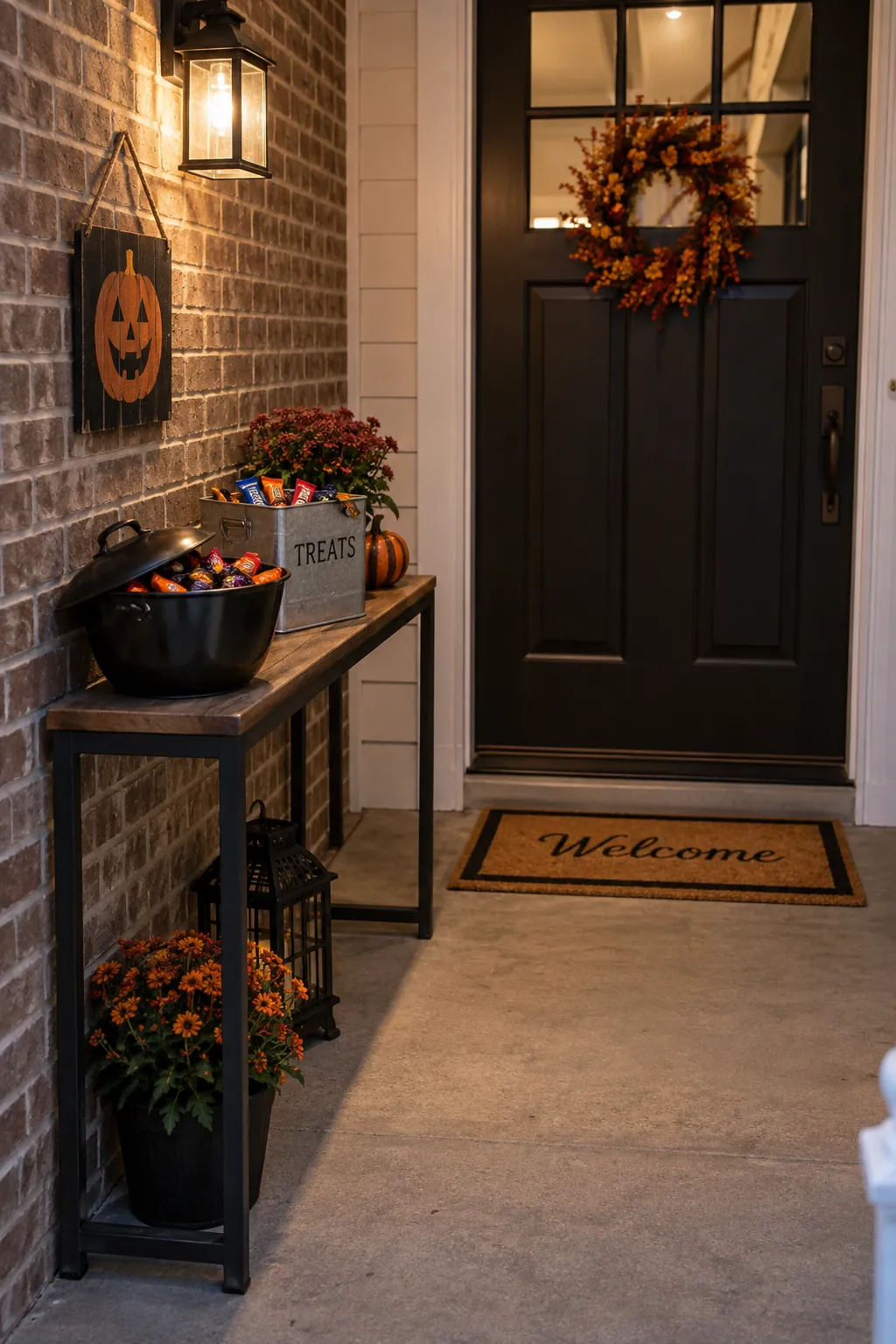 Make a compact candy station on a Halloween porch with no front lawn