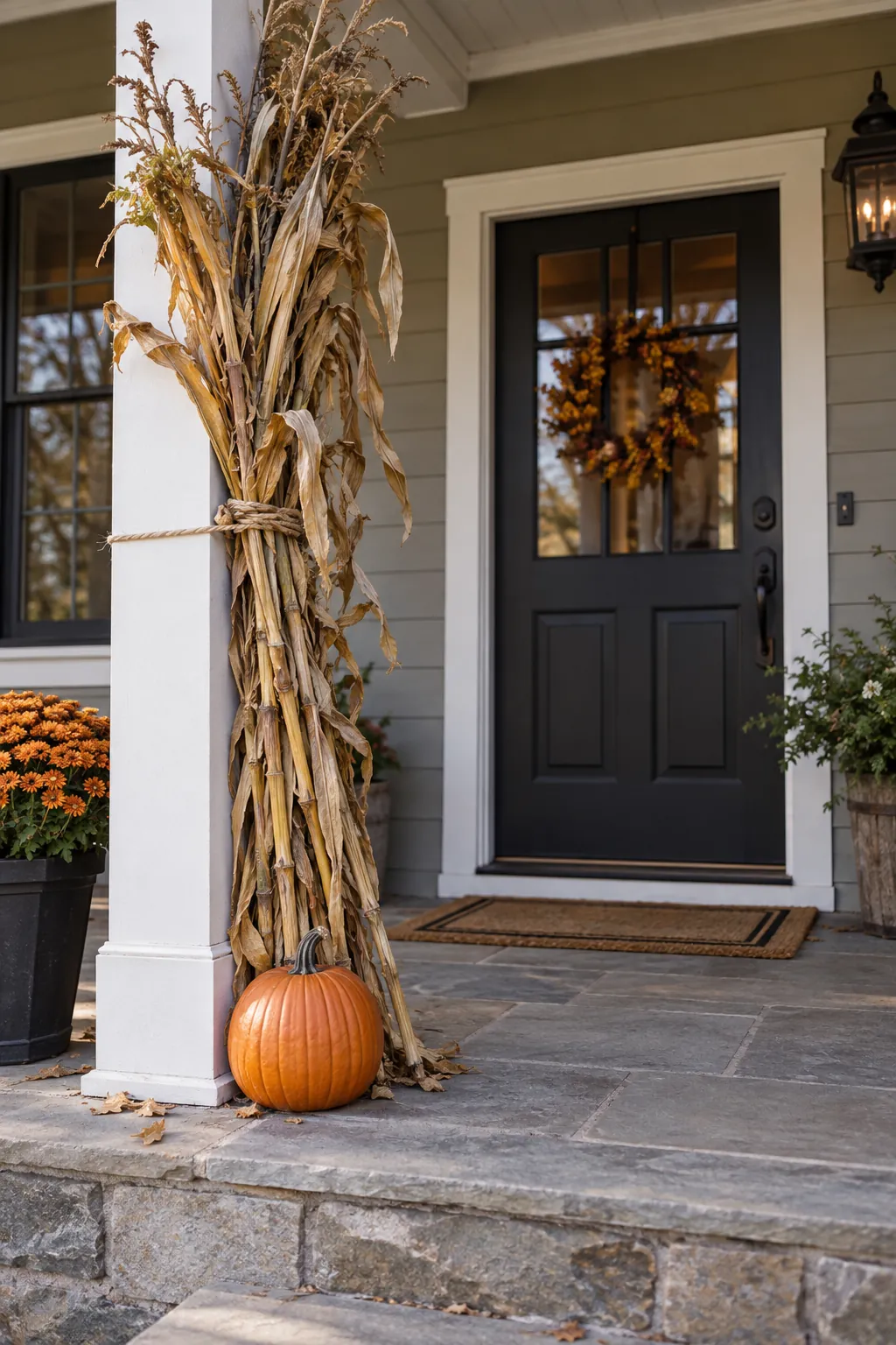 Tie corn stalks to a porch post on a Halloween porch with no front lawn
