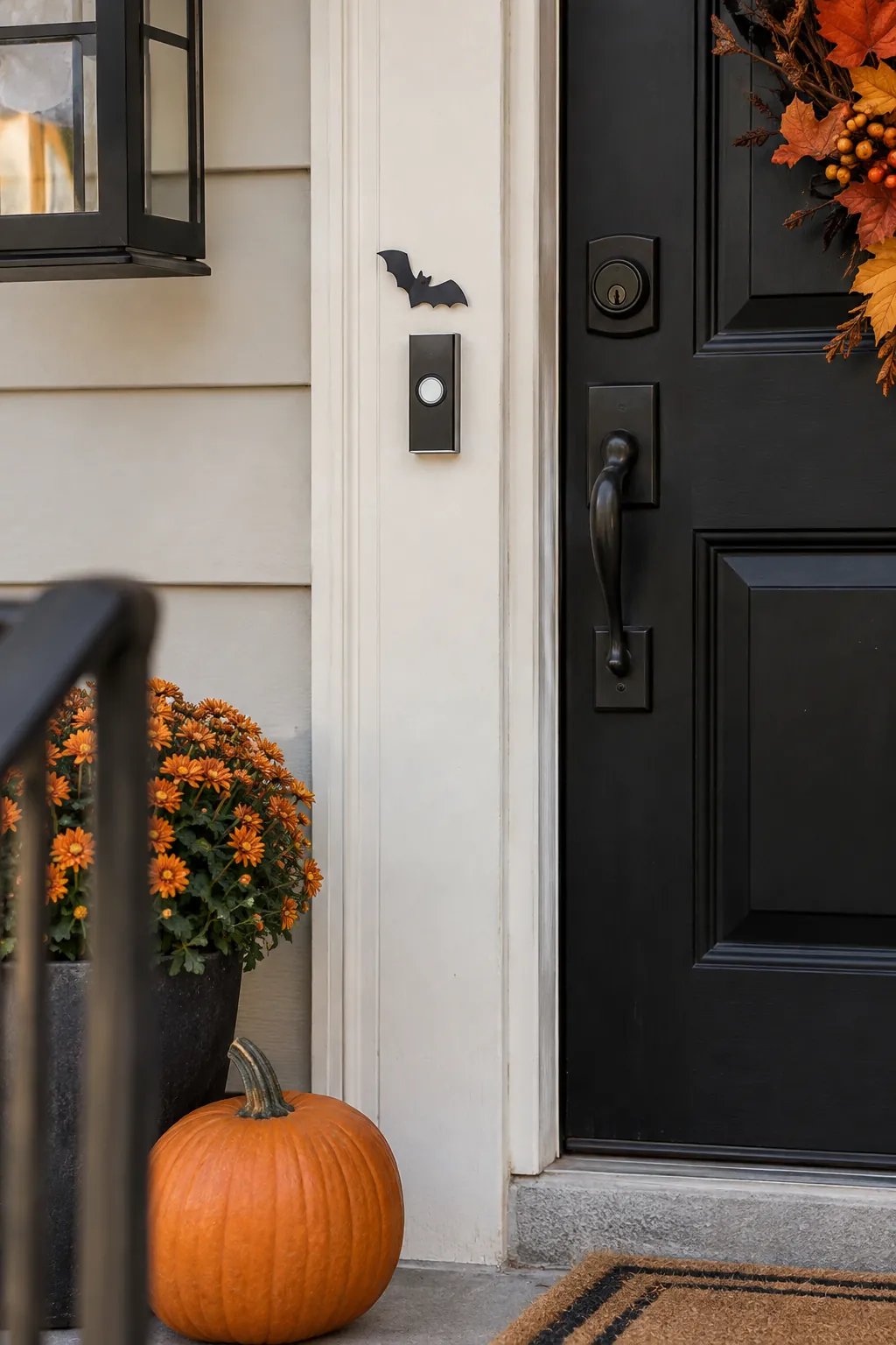 Mark the doorbell with a small accent on a Halloween porch with no front lawn