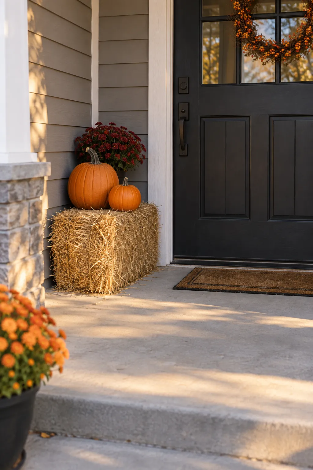 Use a narrow hay bale as a riser on a Halloween porch with no front lawn