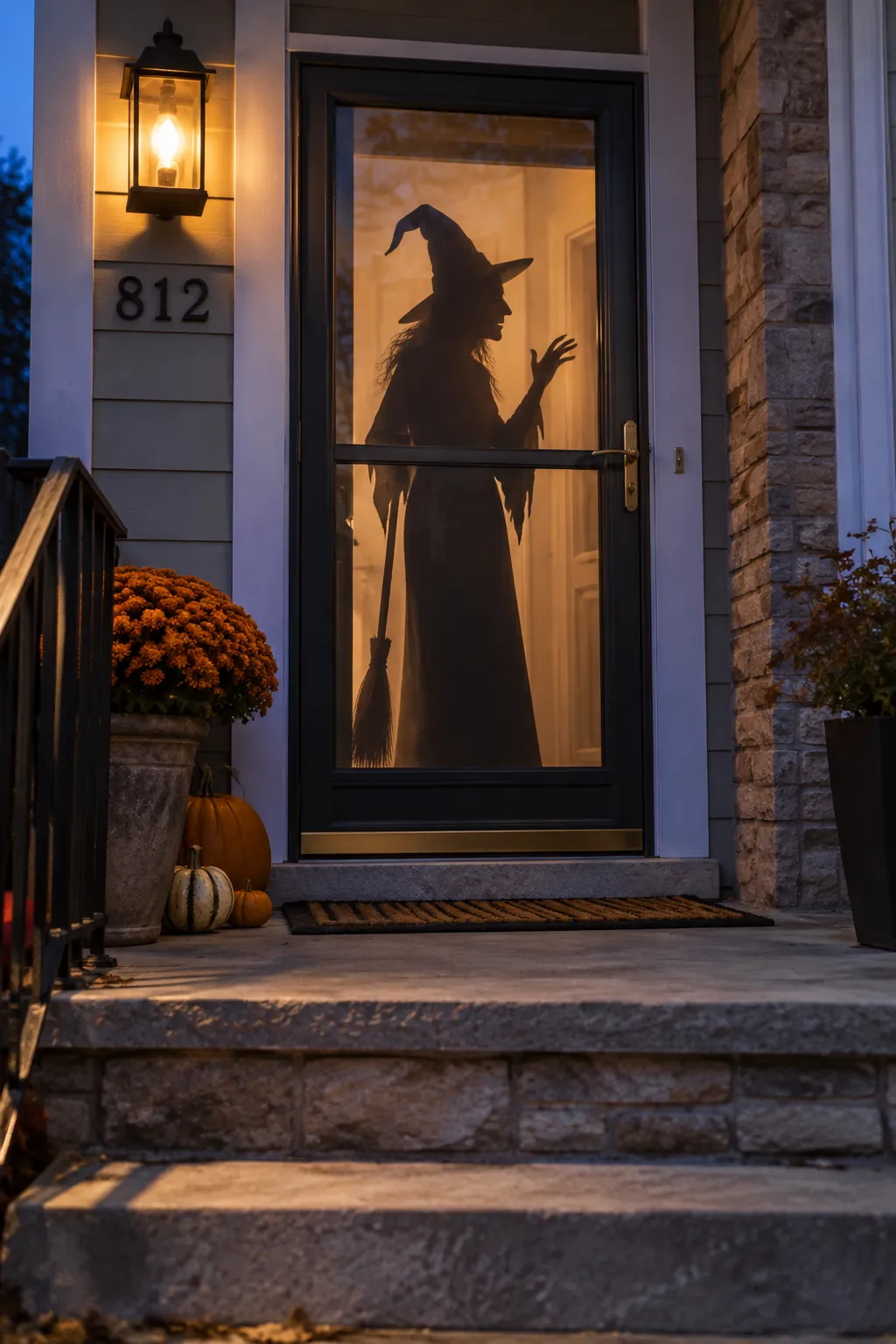 Set a silhouette behind a screen door on a Halloween porch with no front lawn