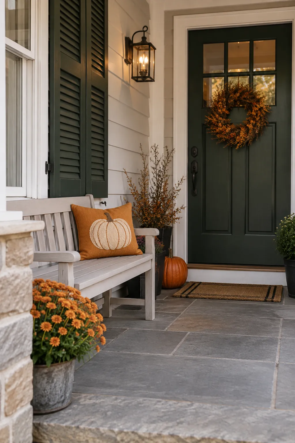 Dress a small bench with one pillow on a Halloween porch with no front lawn