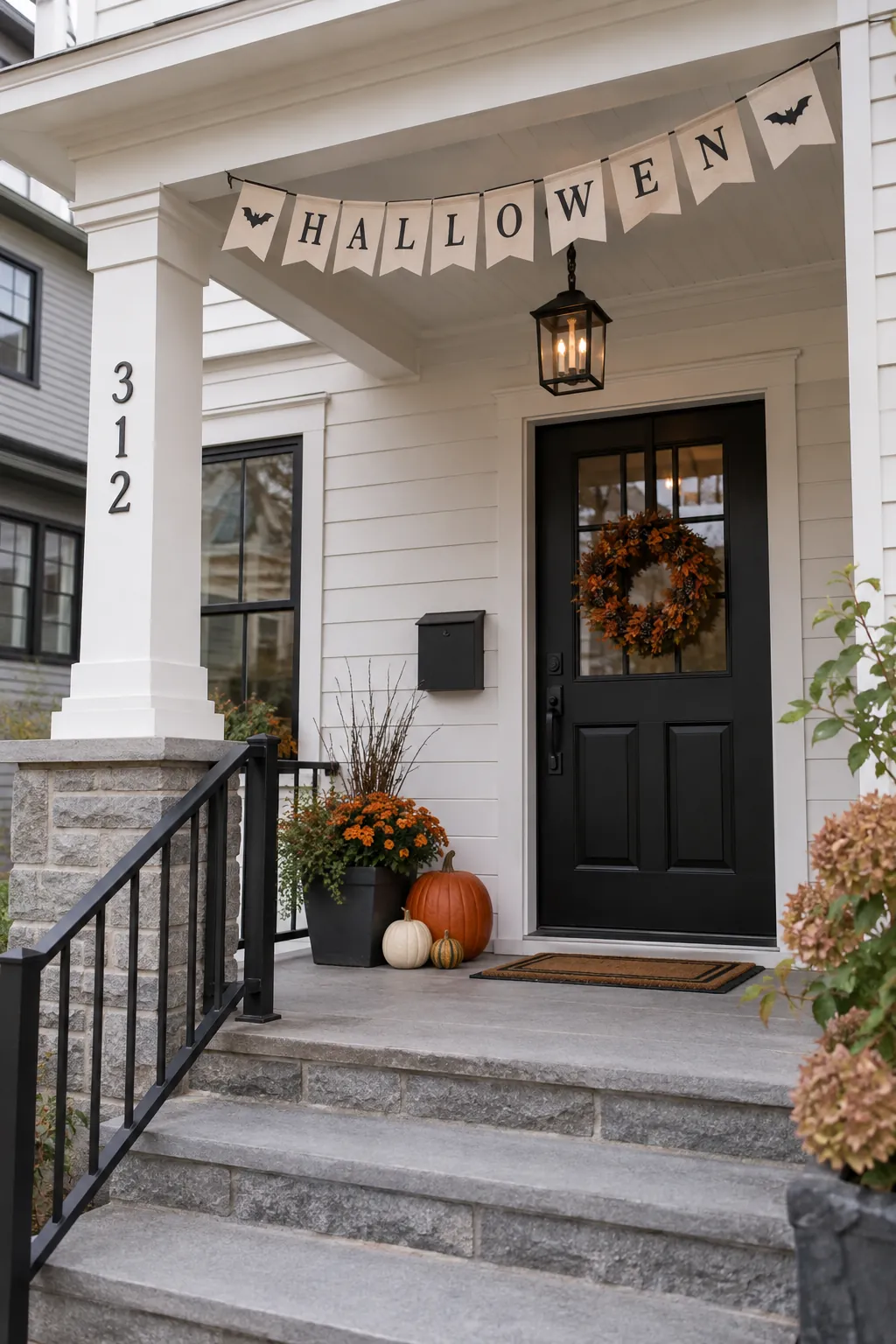 Hang a banner across the porch beam on a Halloween porch with no front lawn