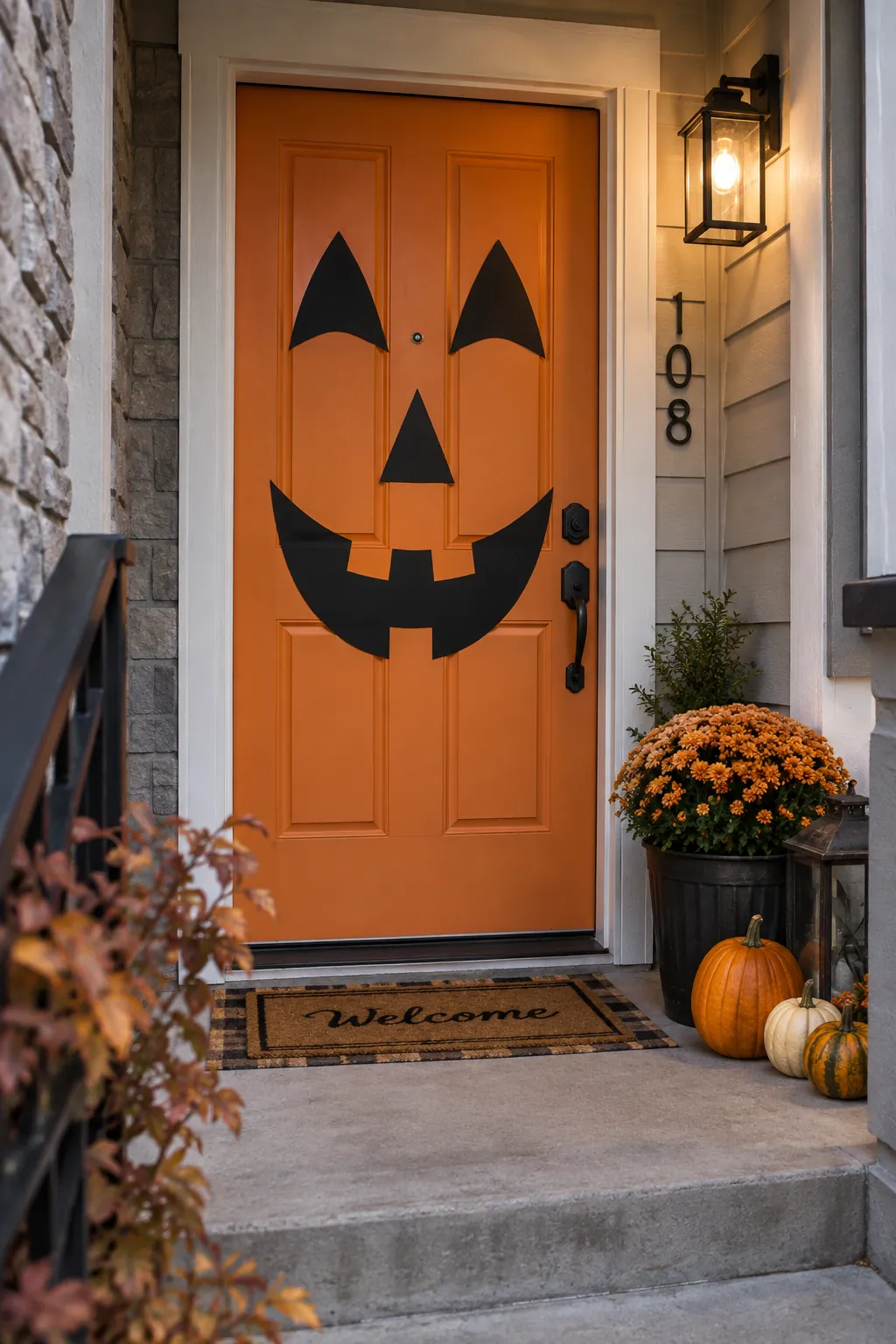 Use the front door as a giant character on a Halloween porch with no front lawn