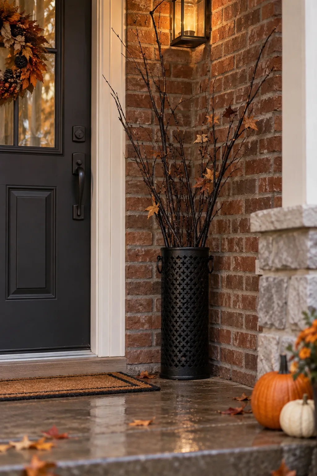 Cluster faux branches in an umbrella stand on a Halloween porch with no front lawn