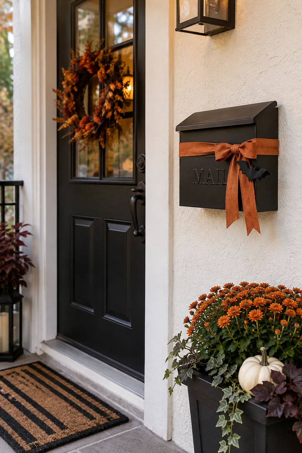 Give the mailbox a little Halloween detail on a Halloween porch with no front lawn