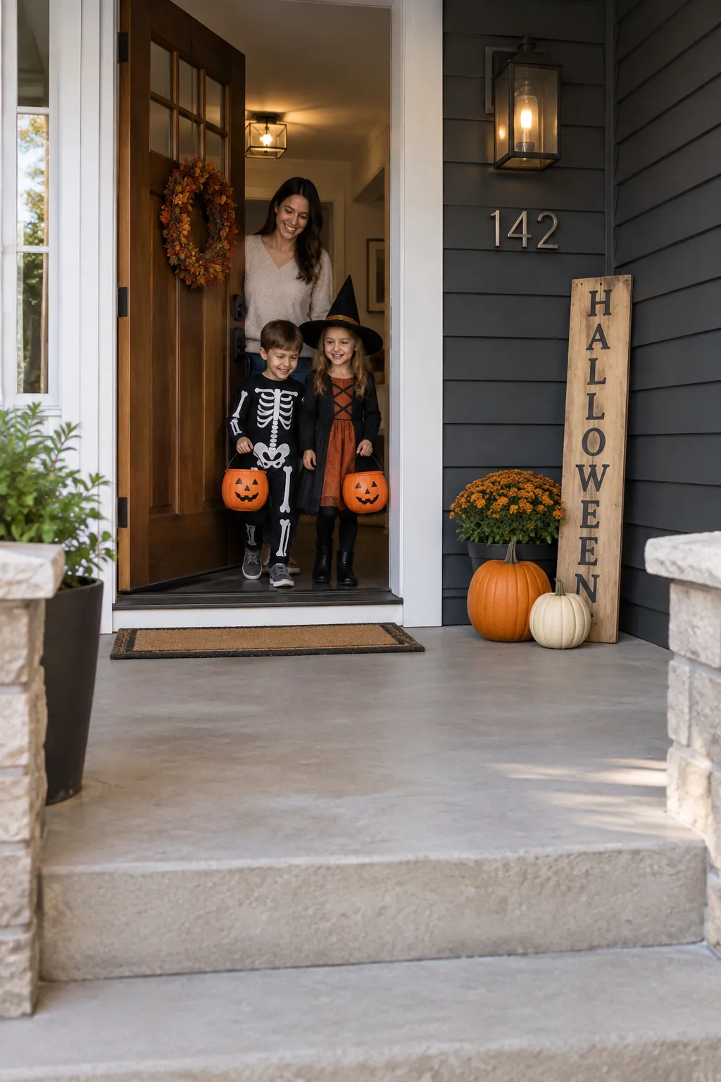 Create a tiny photo corner on a Halloween porch with no front lawn