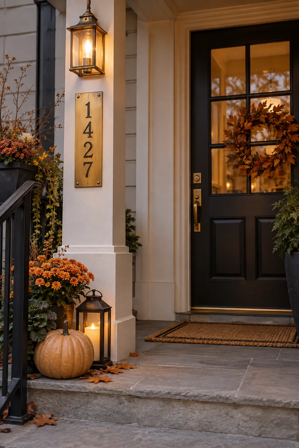 Let the house number lead the palette on a Halloween porch with no front lawn