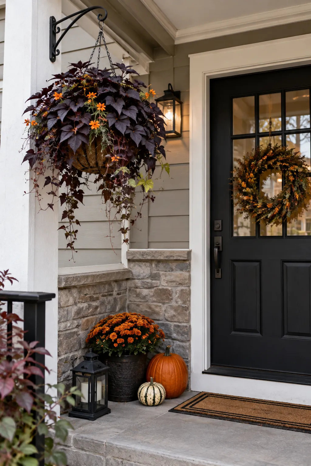 Use a hanging basket for dark foliage on a Halloween porch with no front lawn