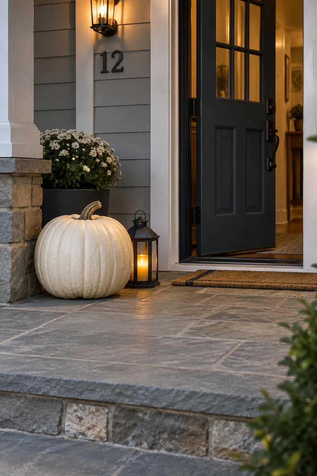 Anchor the display with one large pumpkin on a Halloween porch with no front lawn