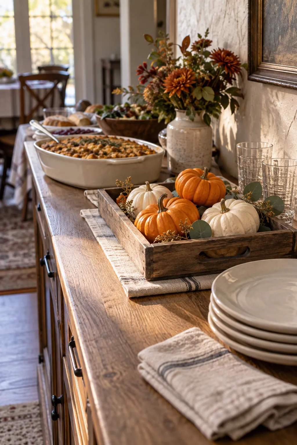 Small pumpkins arranged in a shallow tray behind Halloween buffet food