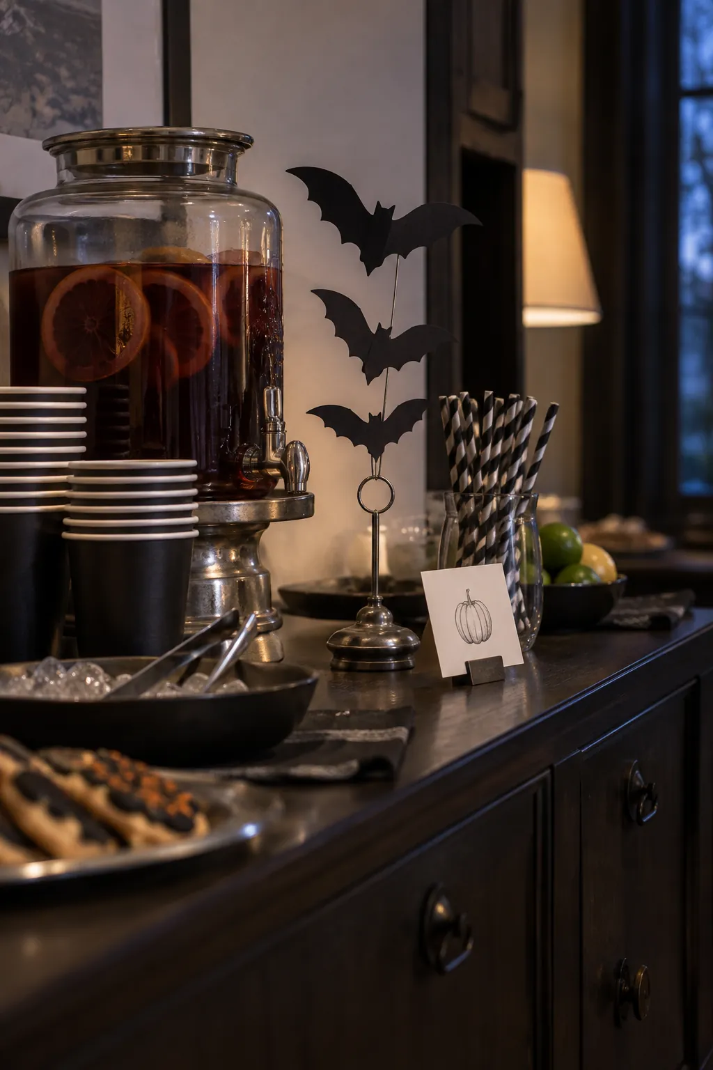 Paper bats on a weighted place card holder beside party drinks