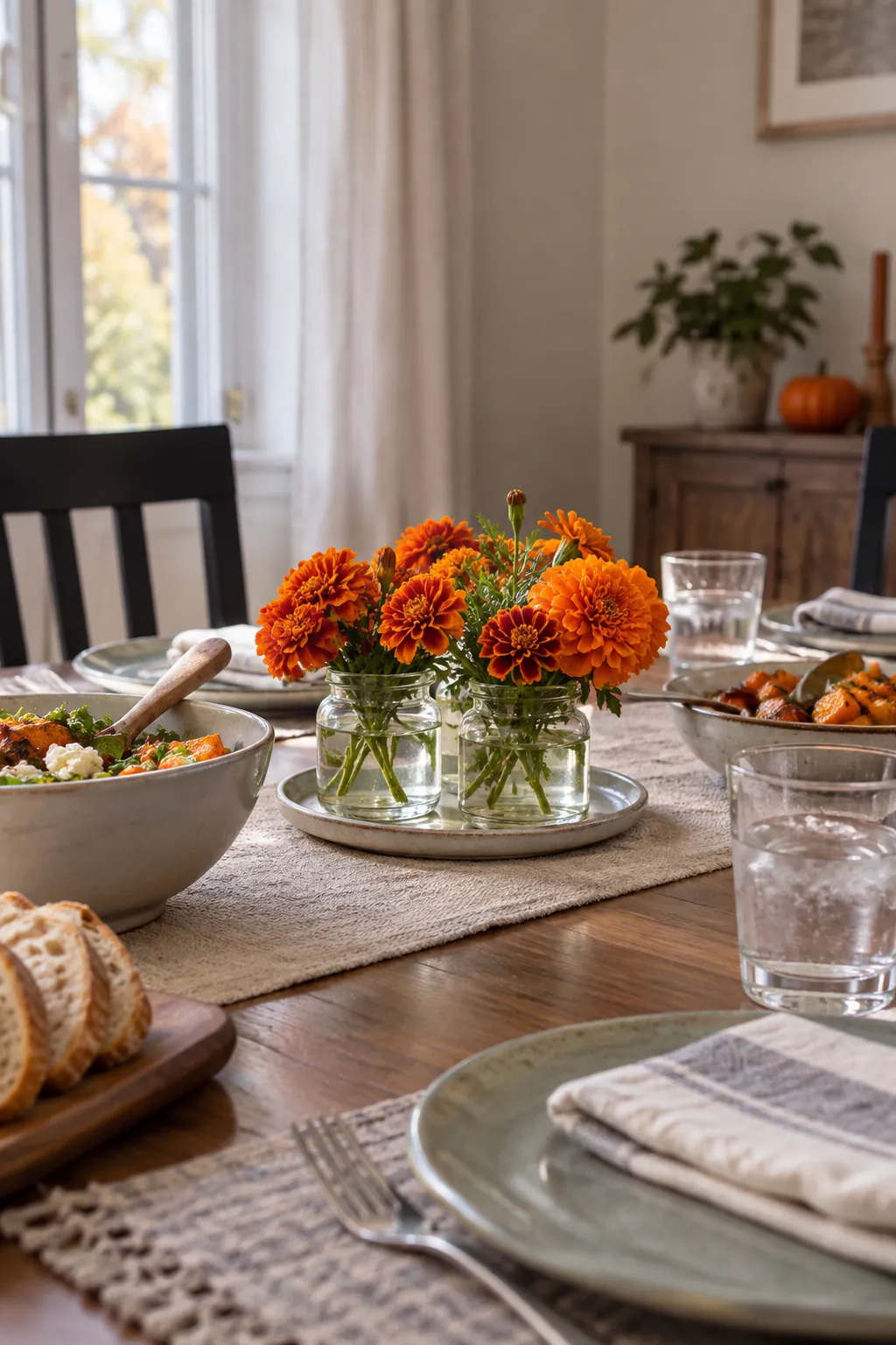Short glass jars of orange marigolds on a compact Halloween table