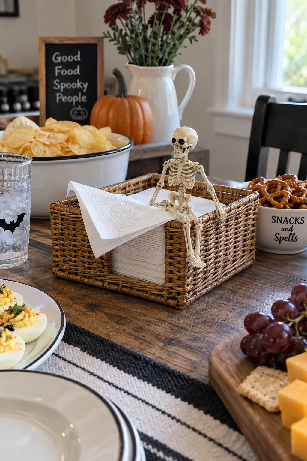 Small skeleton perched on a wicker basket of party napkins