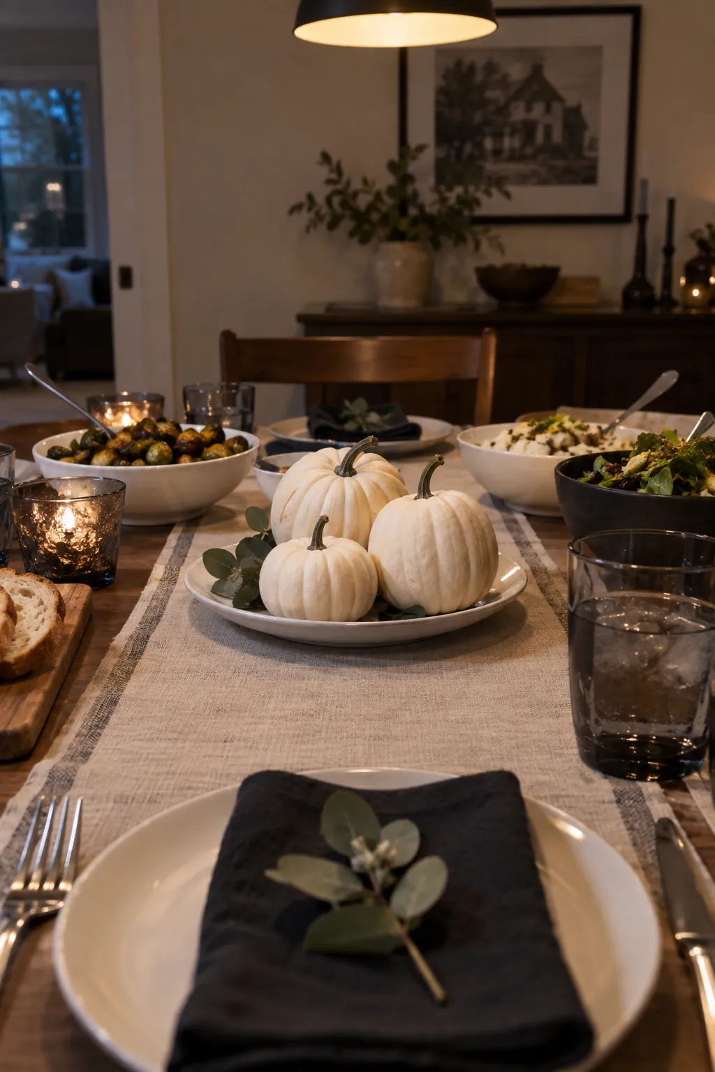 Three white gourds grouped on a plate beside Halloween dinnerware