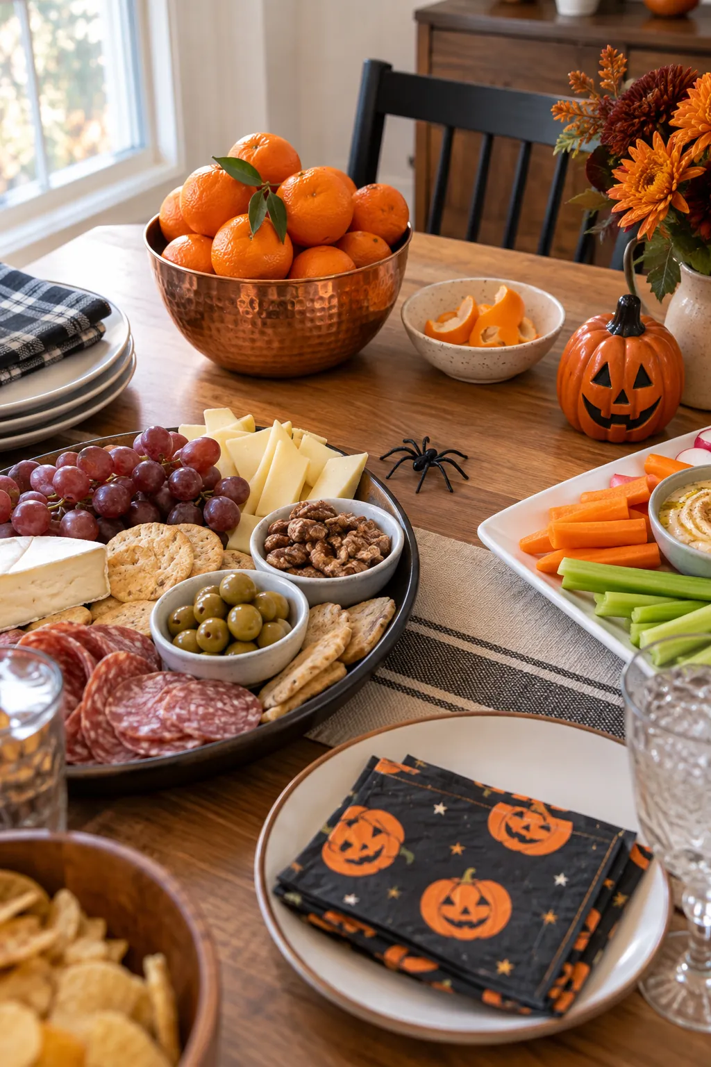 Clementines in a compact copper bowl on a Halloween serving table