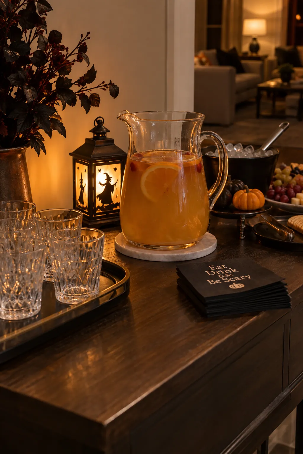 Small battery lantern behind a pitcher on a Halloween drink station