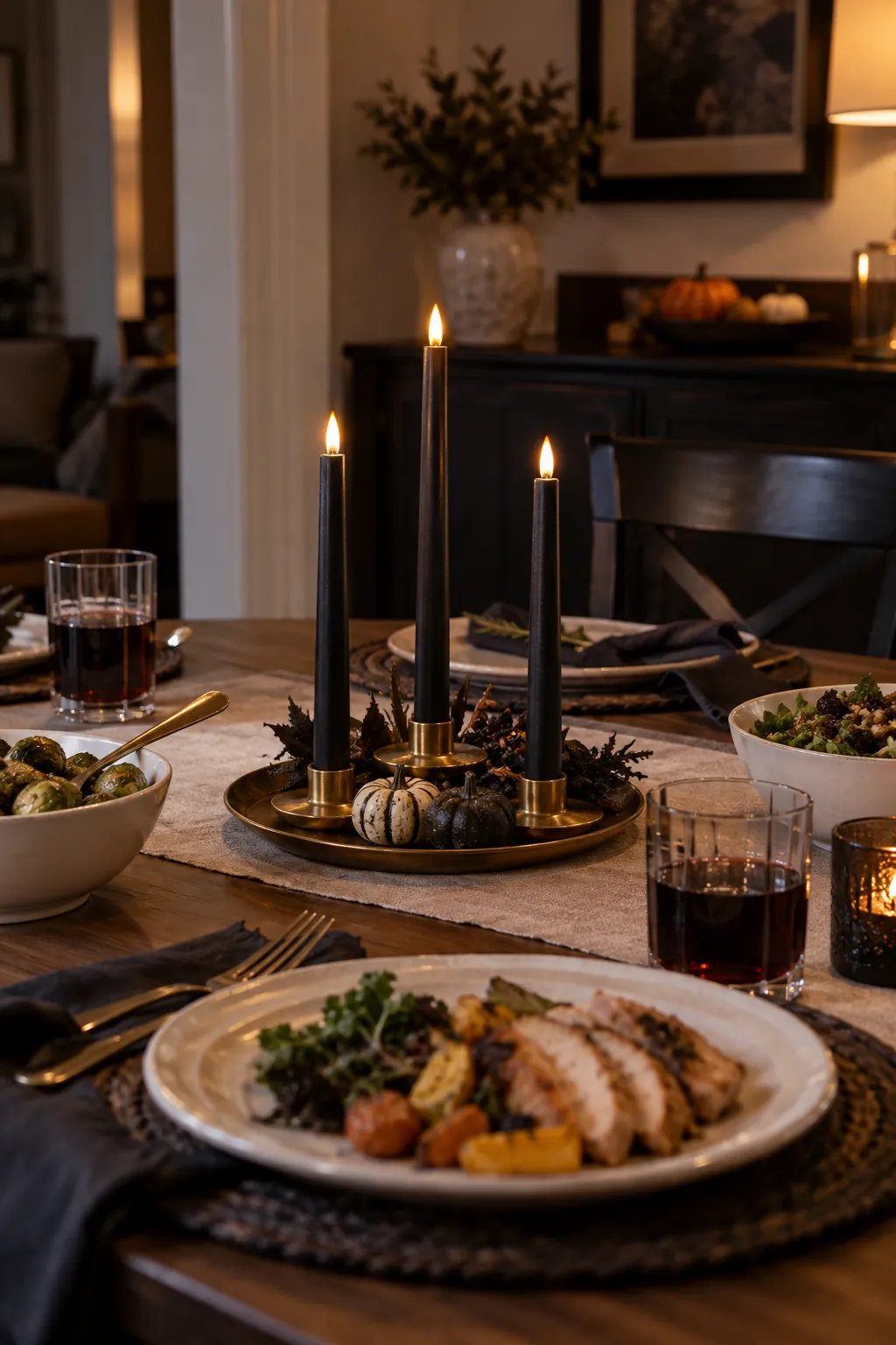 Black battery taper candles in short weighted holders at Halloween dinner
