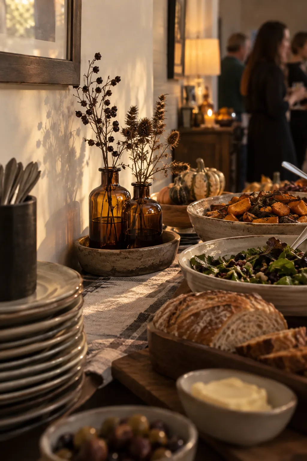 Two small amber apothecary bottles at the back corner of a Halloween buffet