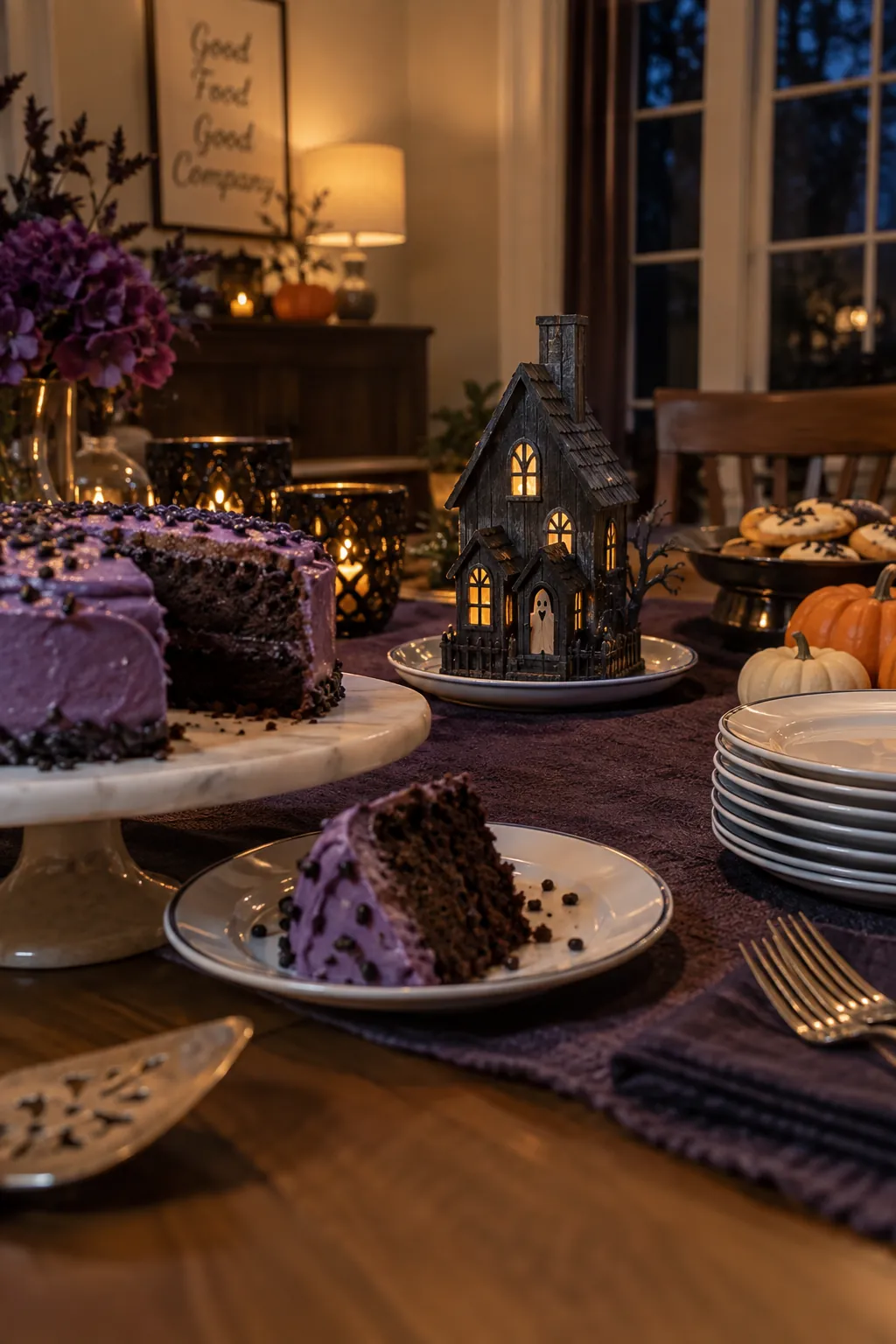 Miniature haunted house behind desserts on a Halloween party table