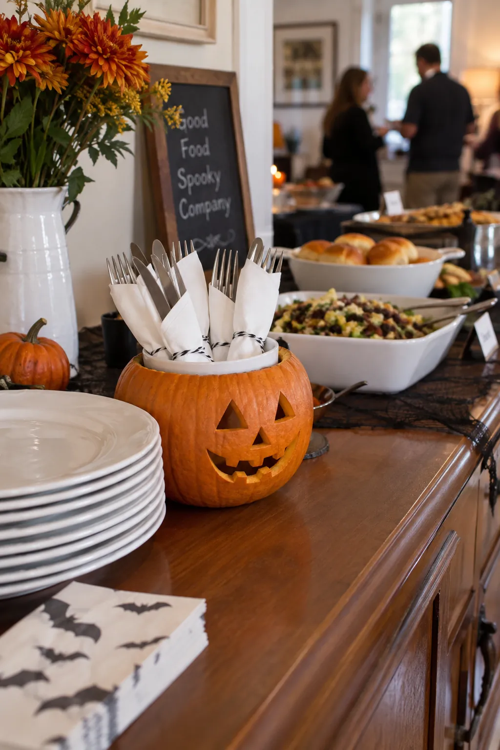Small carved pumpkin holding wrapped utensils at the start of a Halloween buffet
