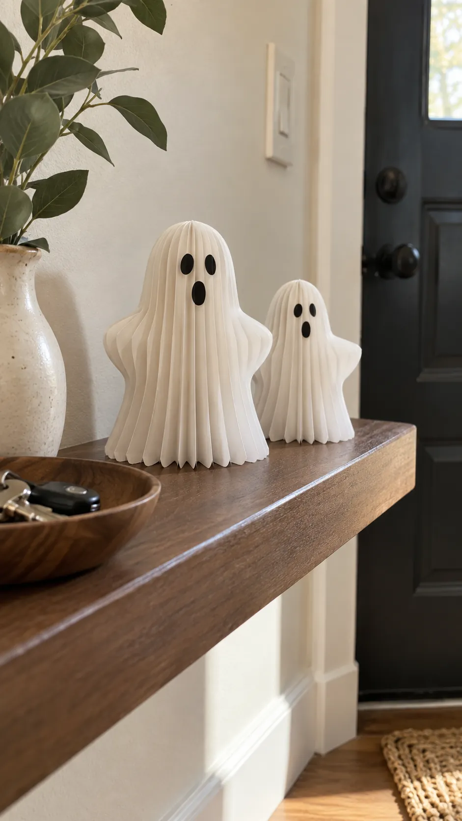 Accordion paper ghosts that stores flat in an apartment
