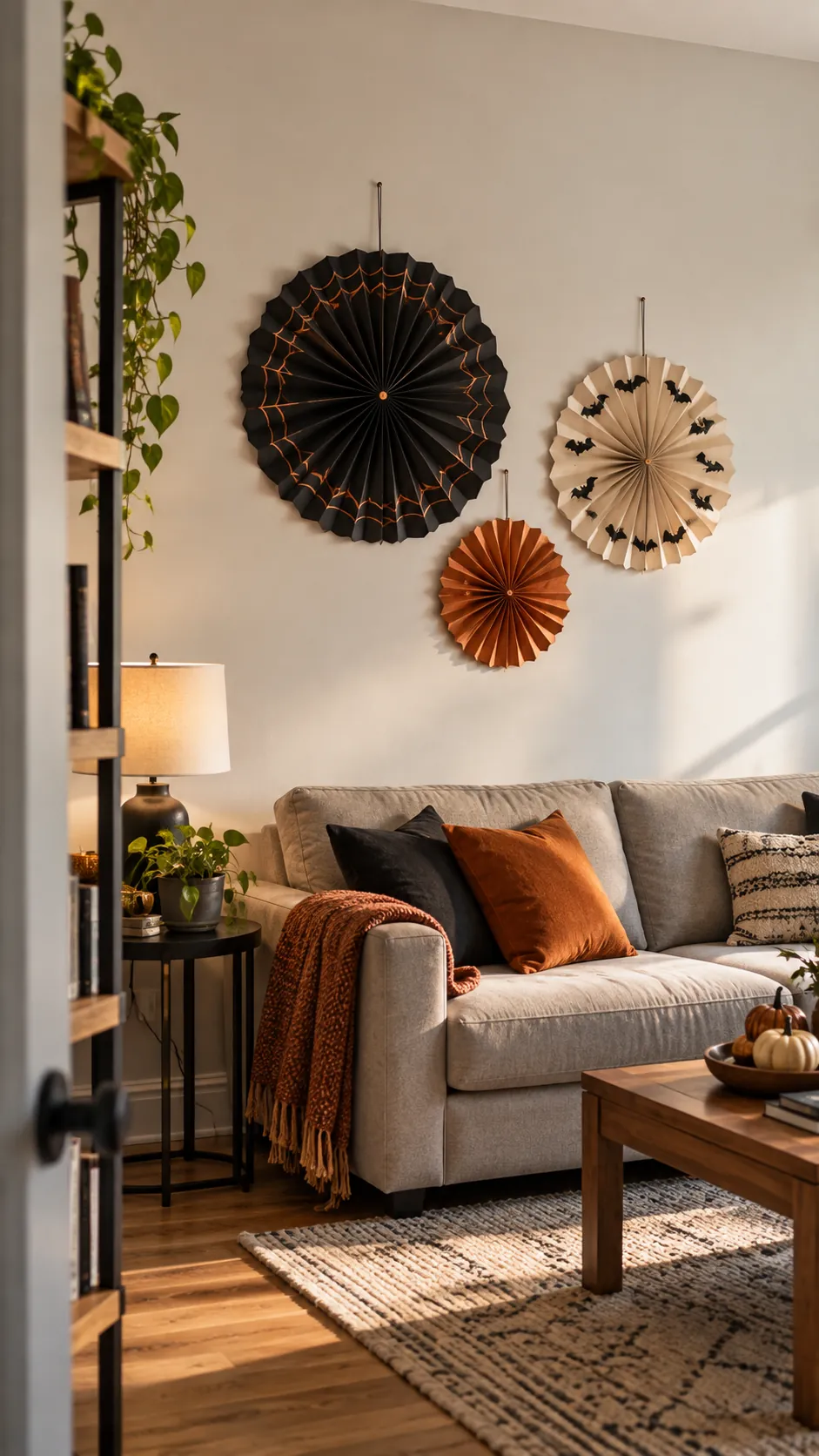 Folded paper fan rosettes that stores flat in an apartment