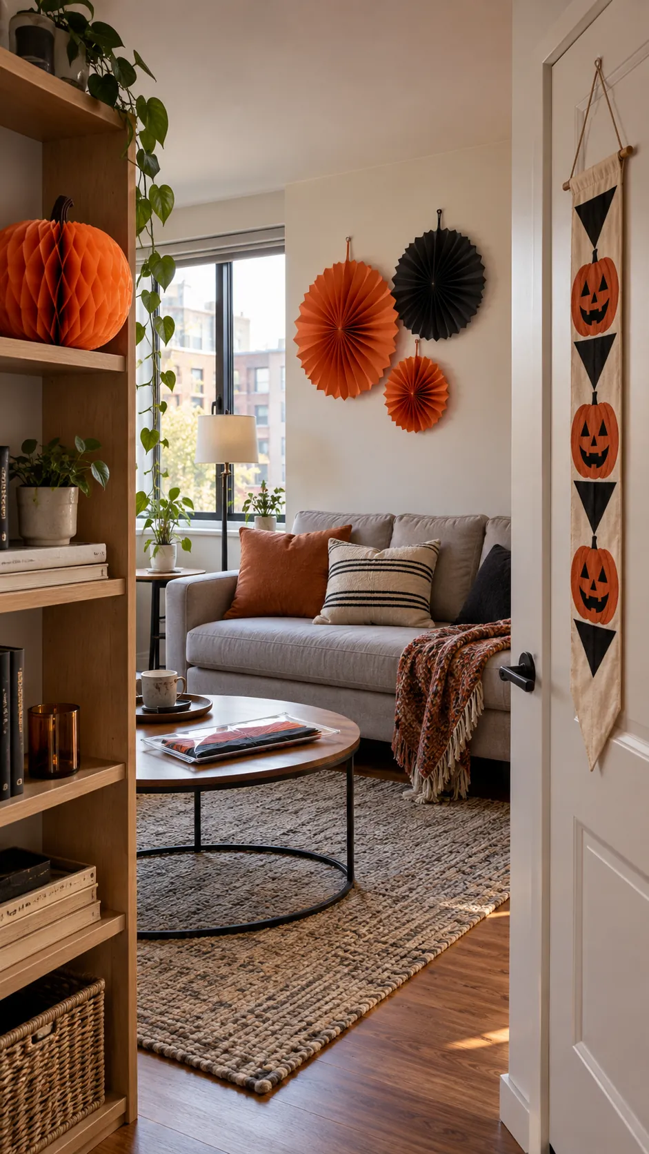 Foldable Halloween paper and fabric decorations in a small apartment
