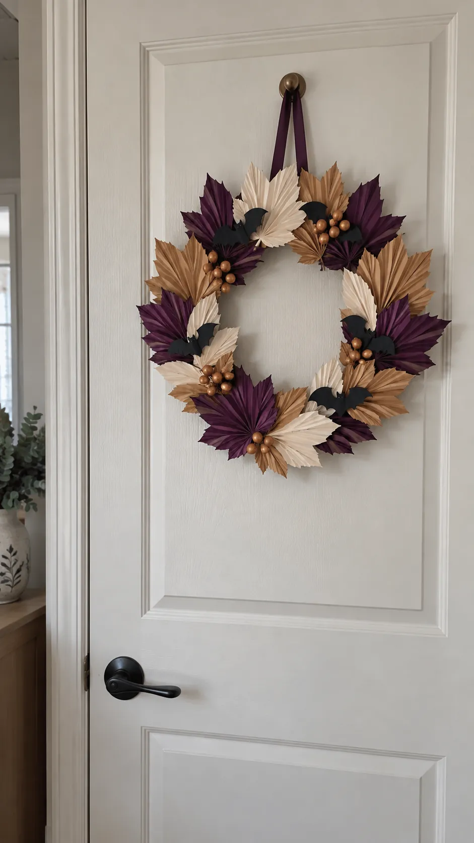 A pleated paper wreath that stores flat in an apartment