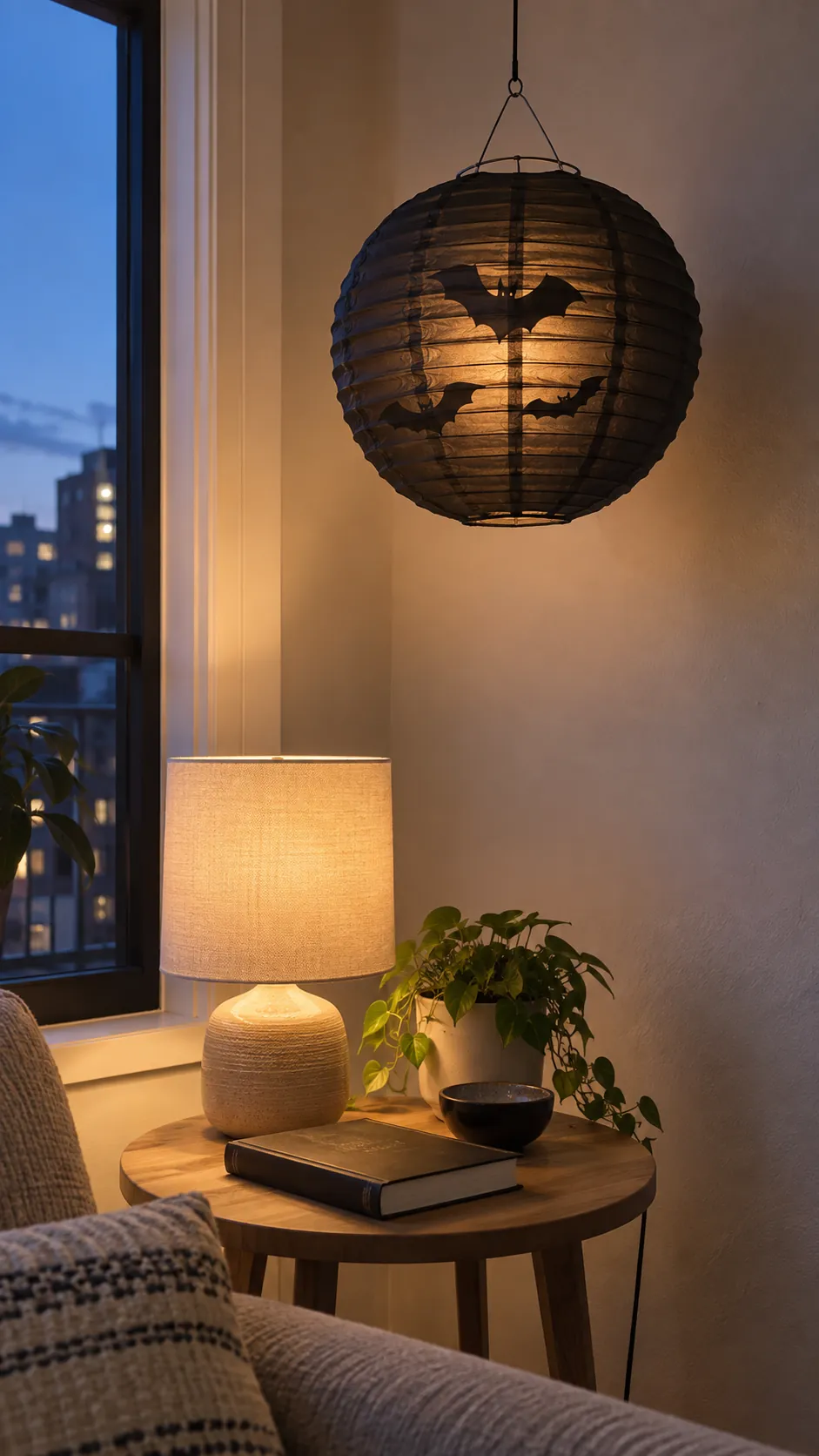 A collapsible paper lantern that stores flat in an apartment