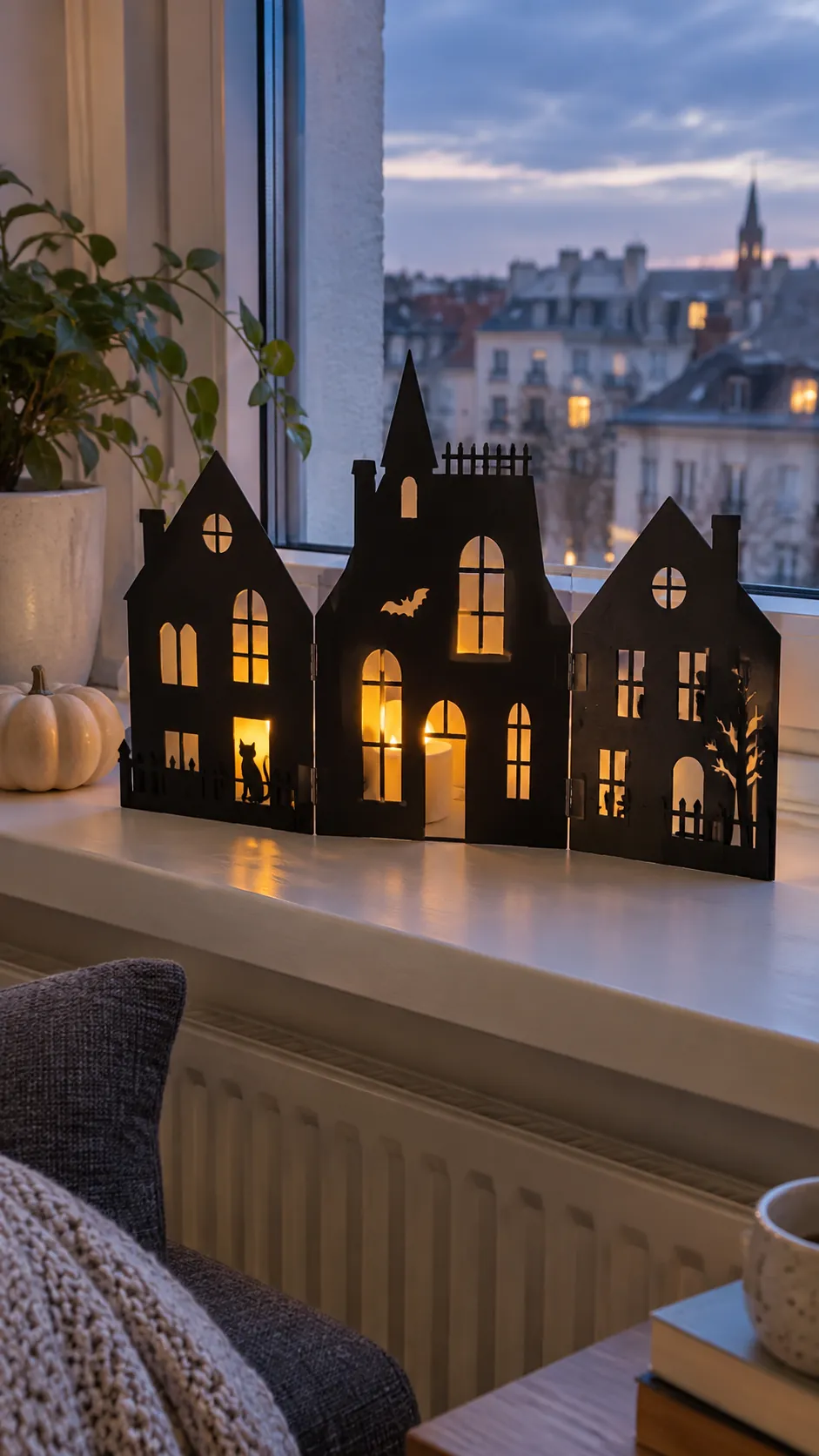 A folding cardboard village that stores flat in an apartment