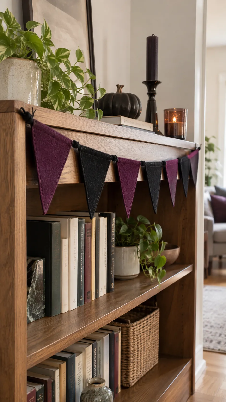 A felt pennant strand that stores flat in an apartment