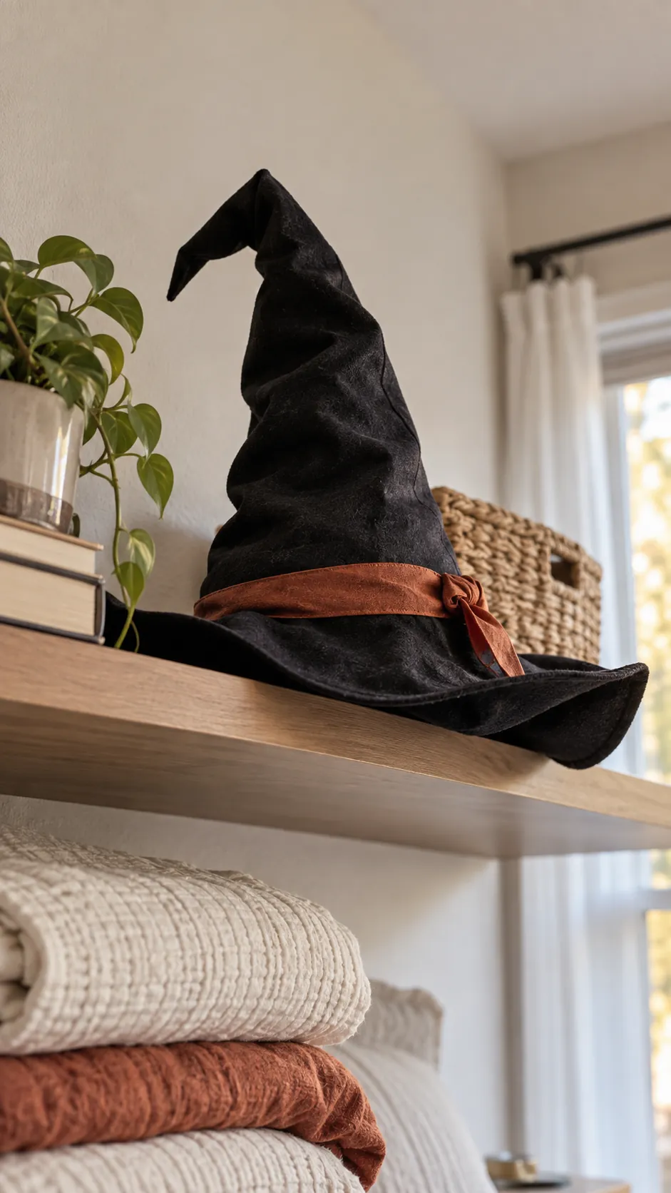 A soft collapsible witch hat that stores flat in an apartment