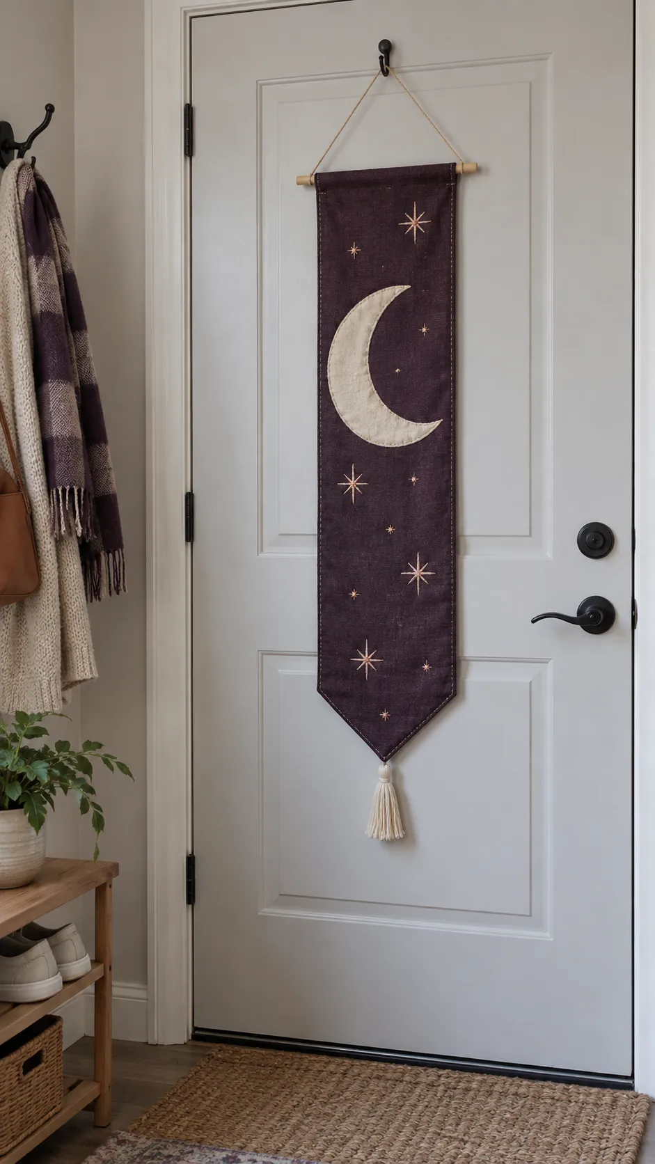 A cloth door banner that stores flat in an apartment