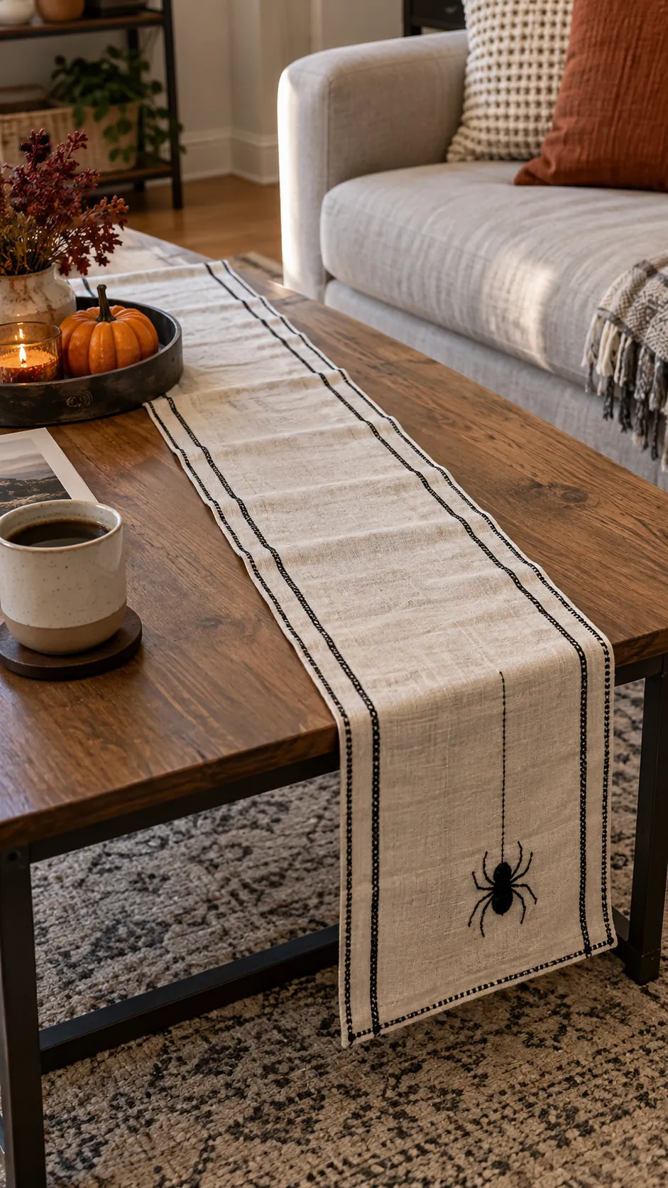 A foldable table runner that stores flat in an apartment