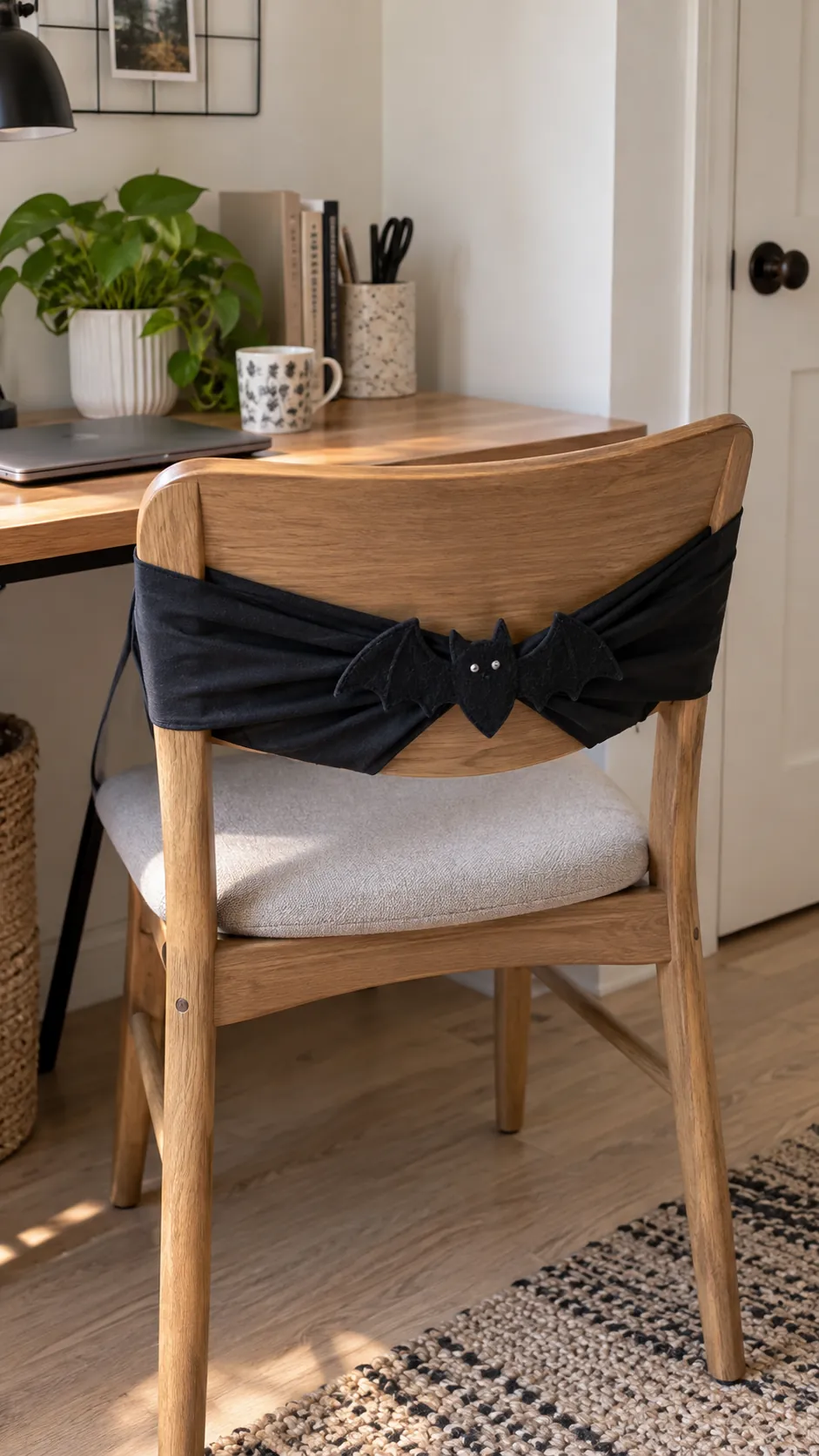 A fabric chair back tie that stores flat in an apartment