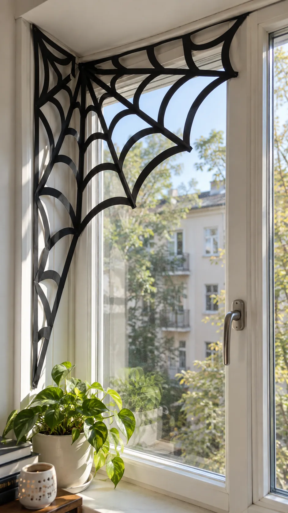 A flat folded spiderweb that stores flat in an apartment