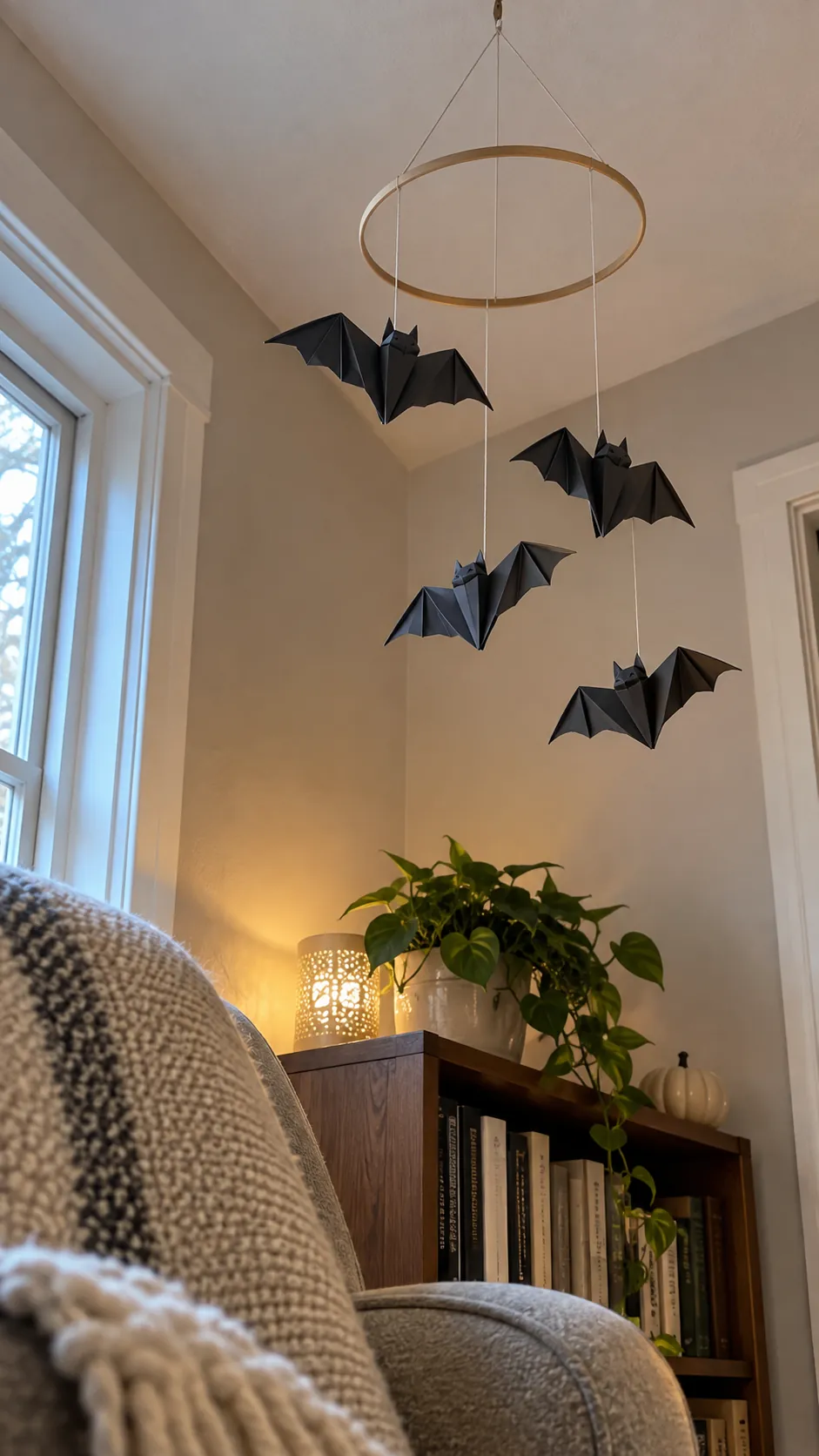 Origami bat mobiles that stores flat in an apartment
