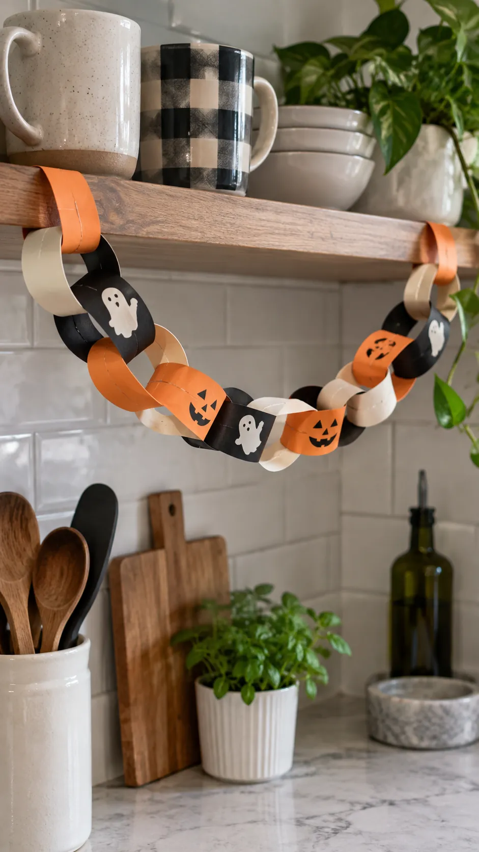 A folded paper chain that stores flat in an apartment