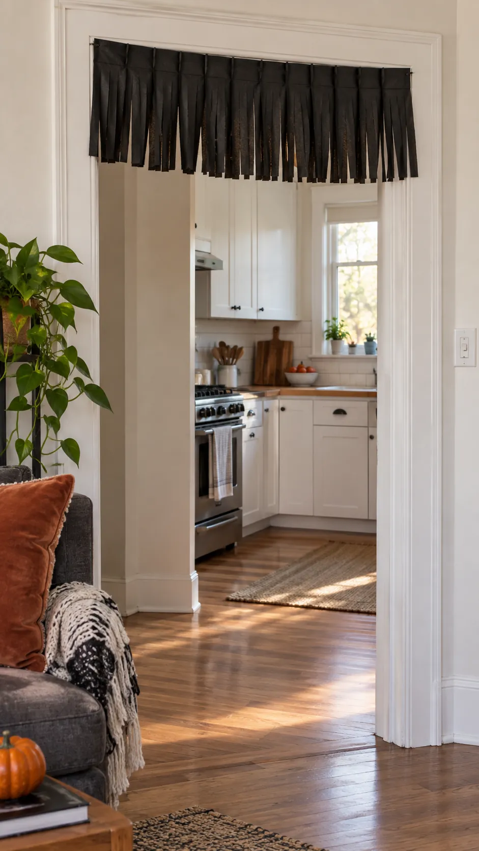 A pleated crepe fringe curtain that stores flat in an apartment